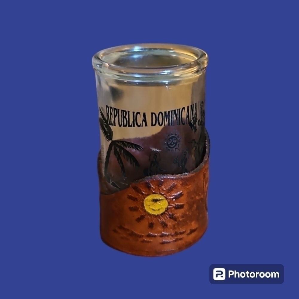 3/$30 Dominican Republic Leather Tooled Tourist Shot Glass